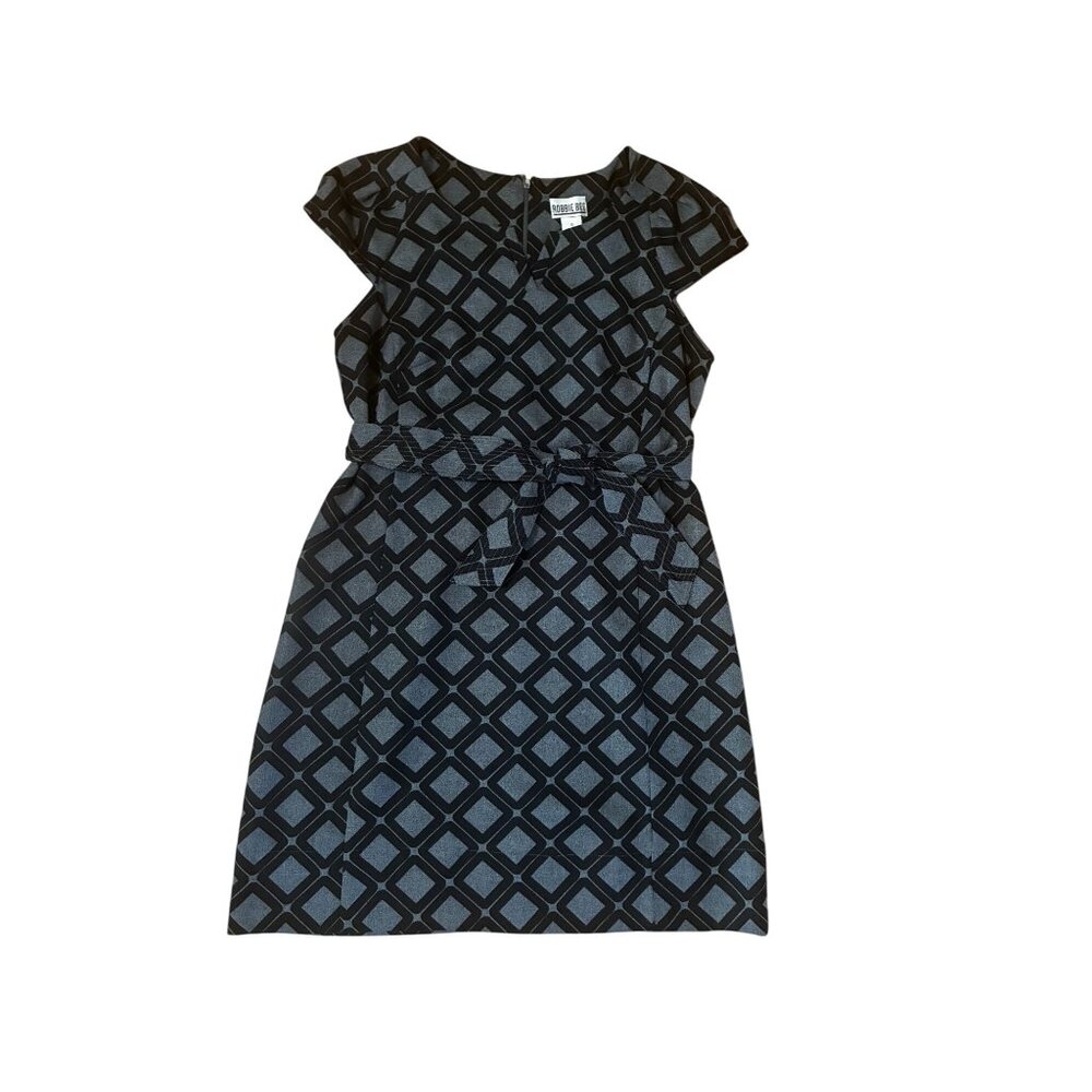 Black & Gray Geometric Print Robbie Bee Womens Dress Size 12 With Waist Tie